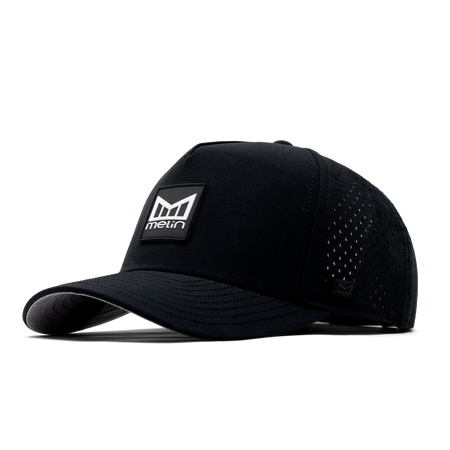 The angled view of the Melin Split Fit Odysea Stacked Hydro hat in black